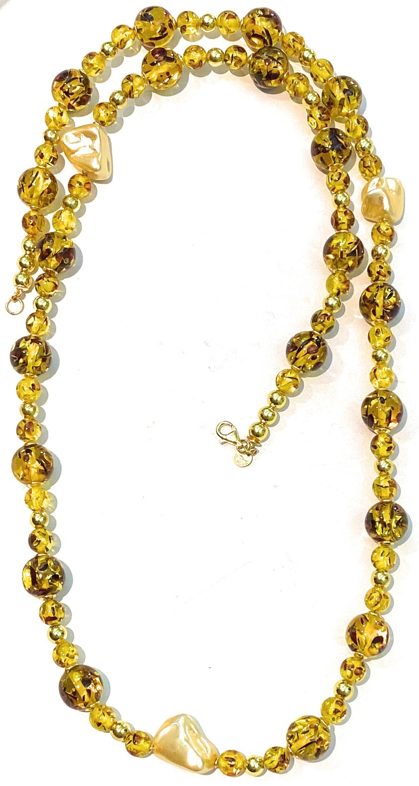 Collana lunga resina ambra ematite e perle barocche gold argento sterling