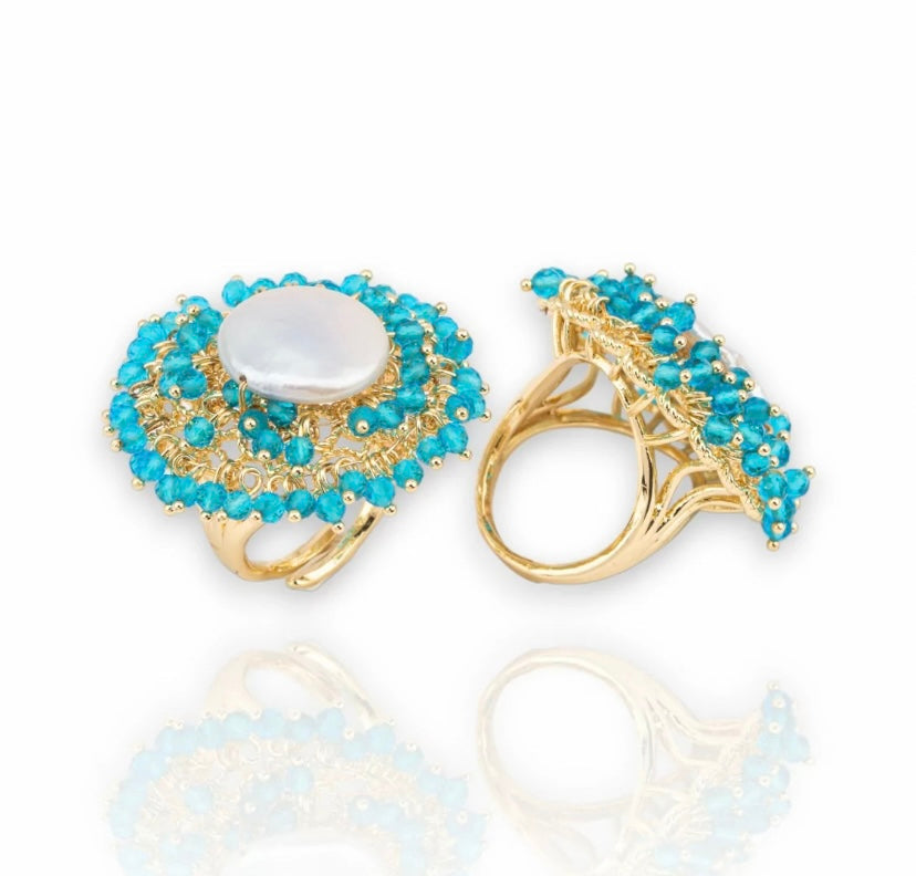 Anello Regolabile con Perla Freshwater e Pietre Azzurre Galvanica Oro