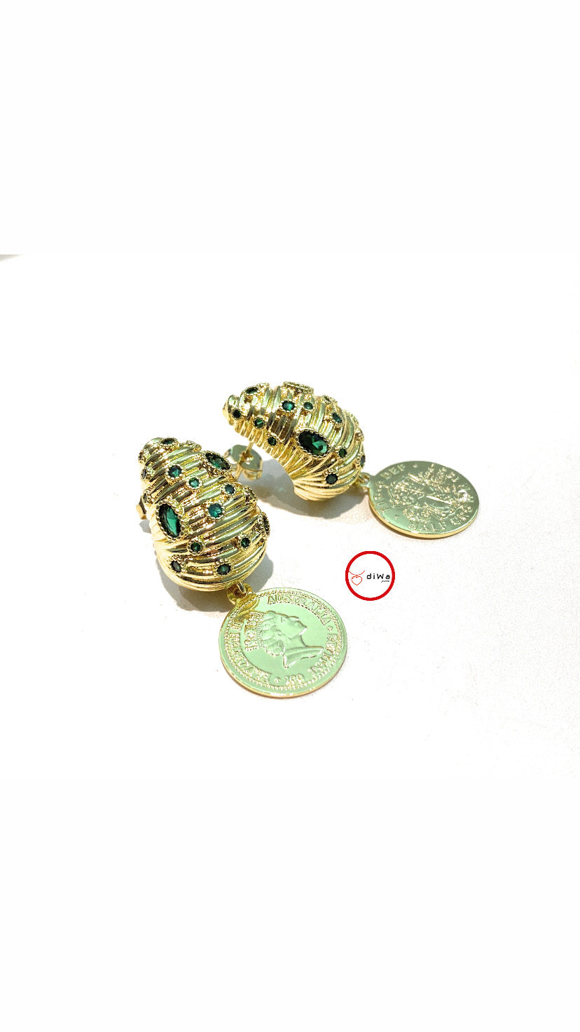 Orecchini diWa Jewels perno con Goccia e Pendente Moneta in bronzo placcato oro farfallina in argento 925
