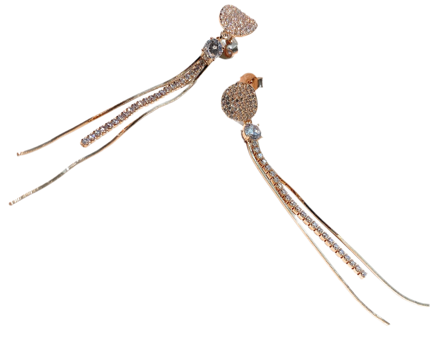 Orecchini cuore pavé rosé pendenti a filo e tennis farfallina argento sterling