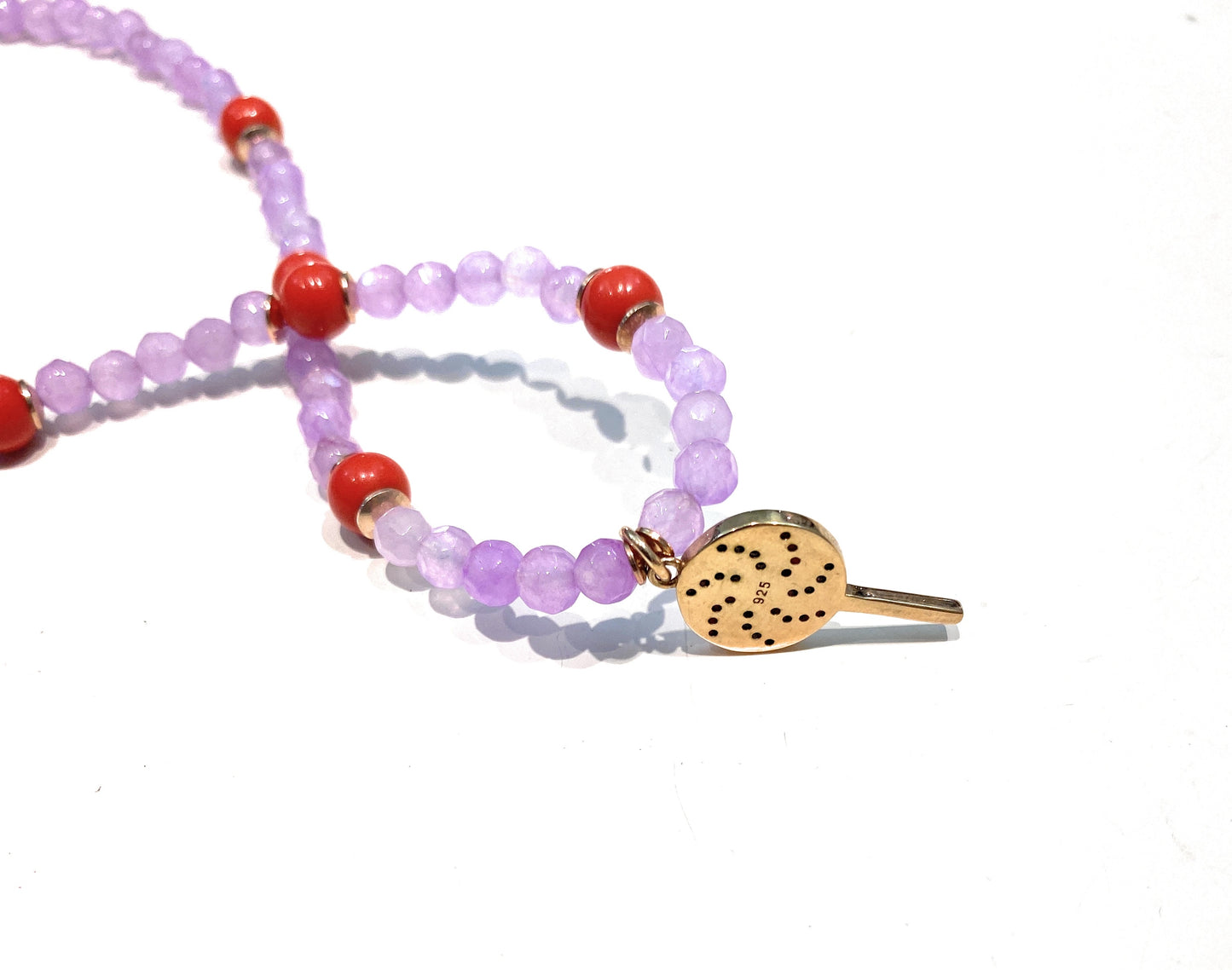 Collarino tipo choker pietre dure lilla e conchiglia arancio pendente chupa chupa argento sterling rosé zirconi colorati