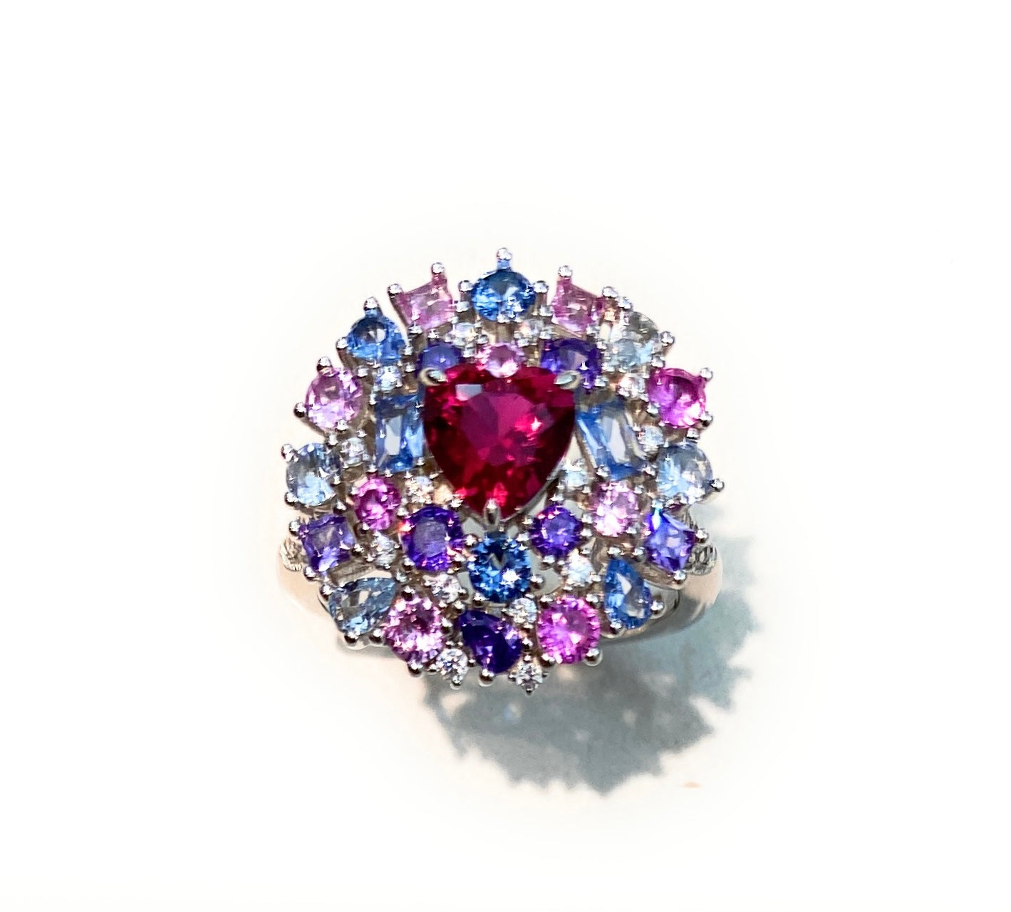 Anello Cocktail Argento 925 Rodio Bianco Cuore Zircone e Zirconi Multicolore Regolabile
