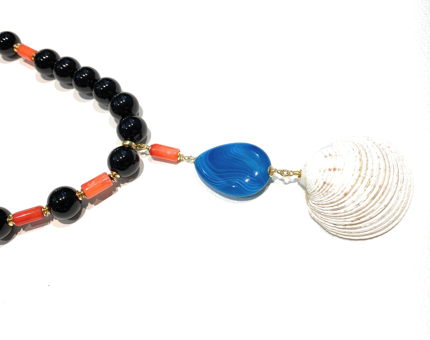 Collana diWa Jewels Onice Choker con Pendente Corallo bamboo Arancio Goccia Agata Striata azzurra argento sterling placcato oro giallo