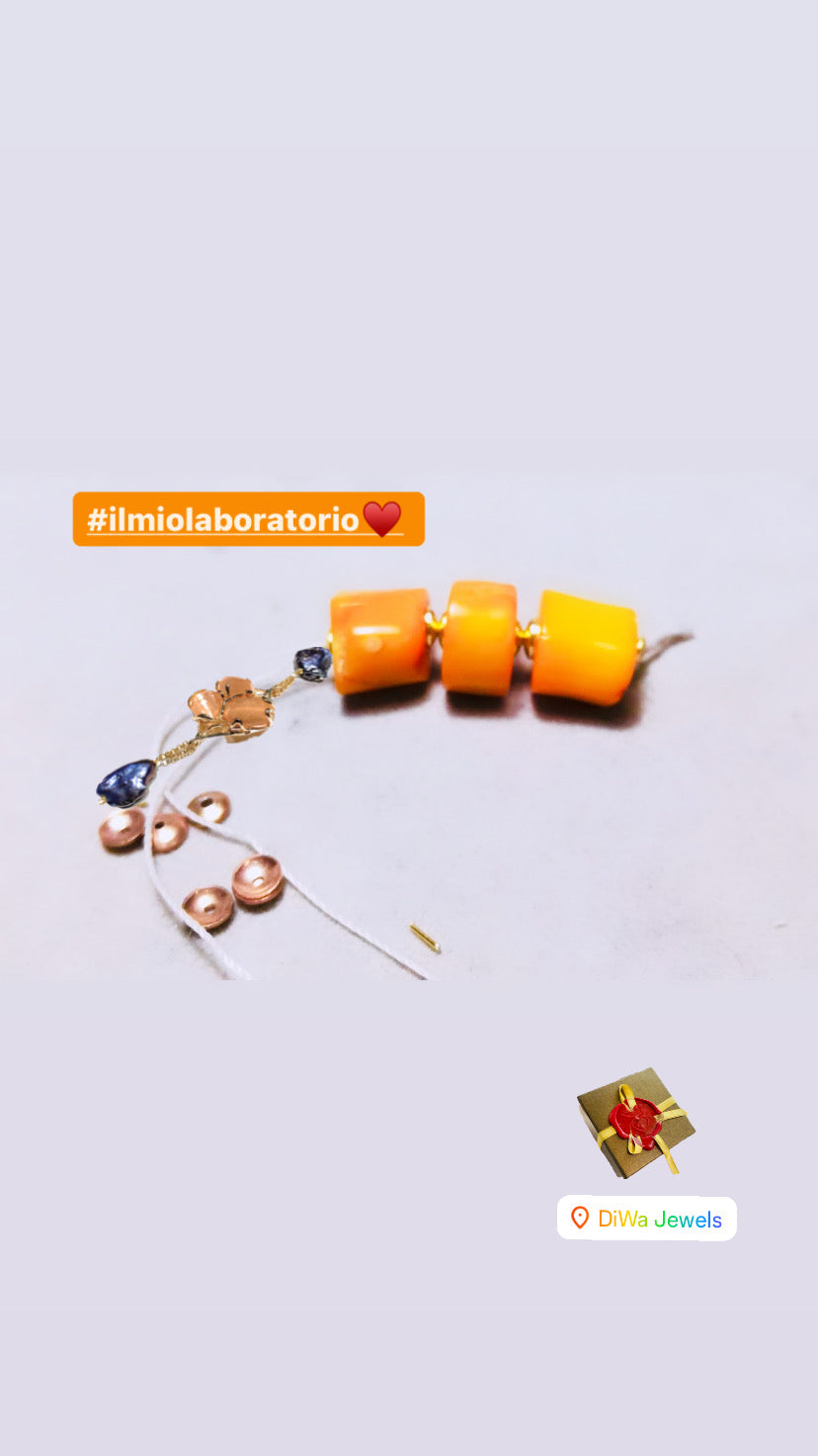 Collana diWa Jewels corallo bamboo arancio perle viola bluette barocche argento sterling rosé ematite rosé