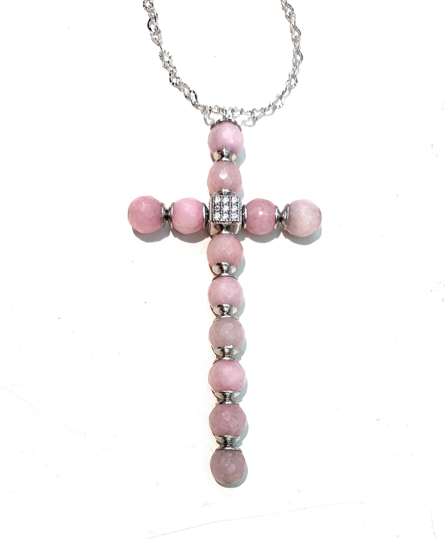 Collarino diWa Jewels crocetta stilizzata pallini agata rosa sfaccettata argento sterling rodio