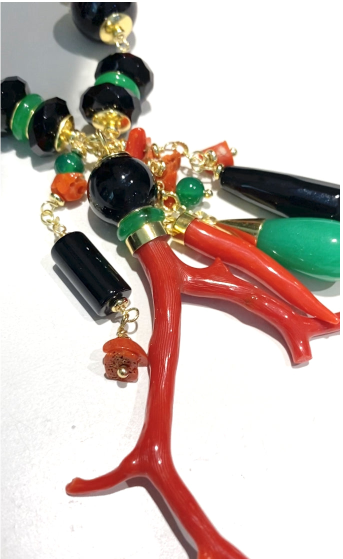 Collana agata verde corallo rosso frange onice lucido argento sterling