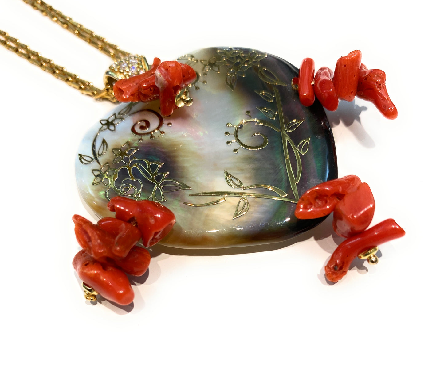 Collana Pendente Cuore diWa Jewels Corallo Rosso italiano con Cuore Madreperla tronchetti corallo ematite in argento sterling placcato oro giallo