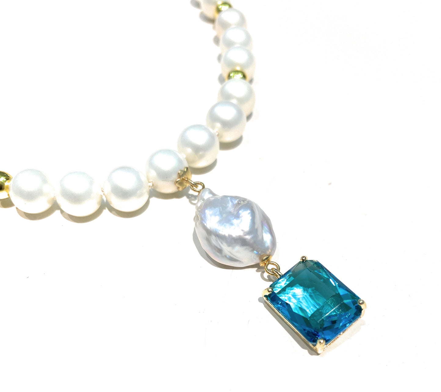 Collana perle Maiorca perla fresh water cristallo azzurro argento sterling placcato oro giallo