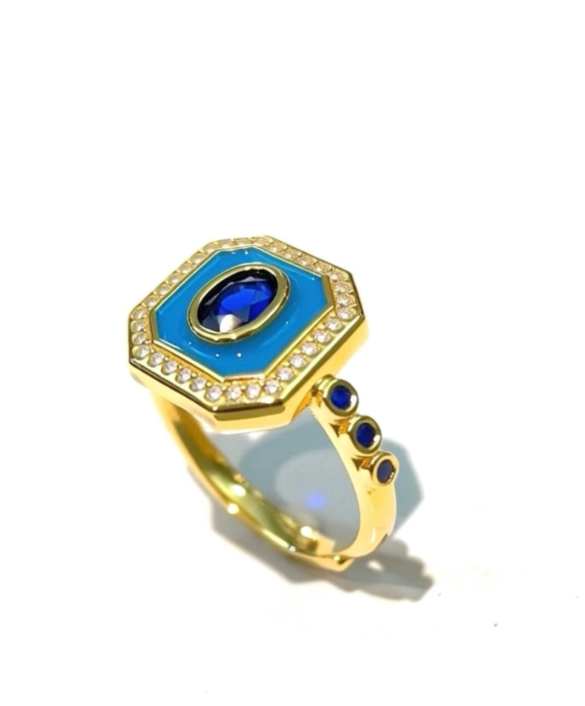 Anello Esagonale Smalto Turchese e Zirconi Bianchi e Blu Argento Sterling Galvanica Gialla Regolabile