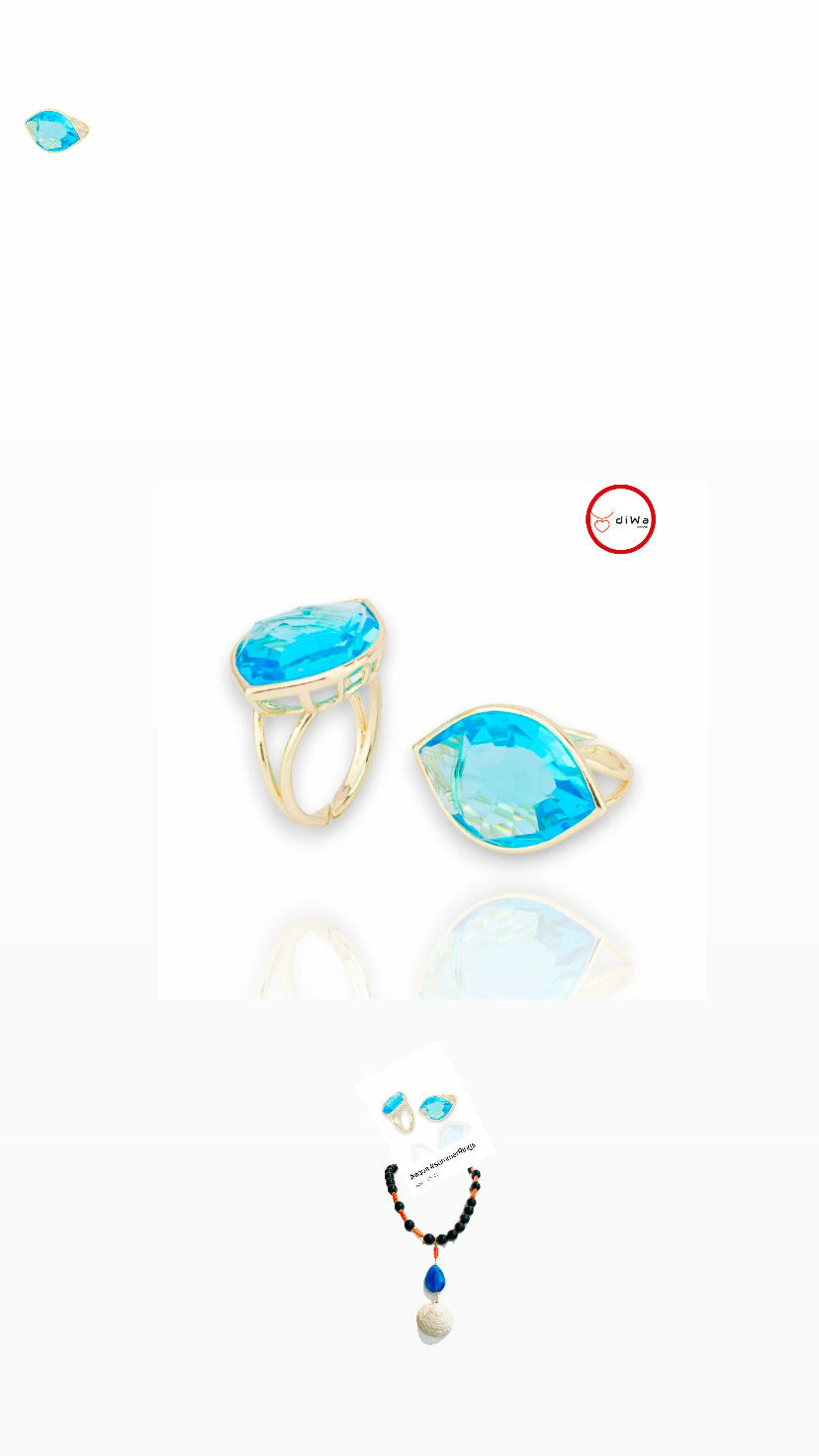 Anello fashion a goccia cristallo azzurro bronzo placcato oro giallo regolabile