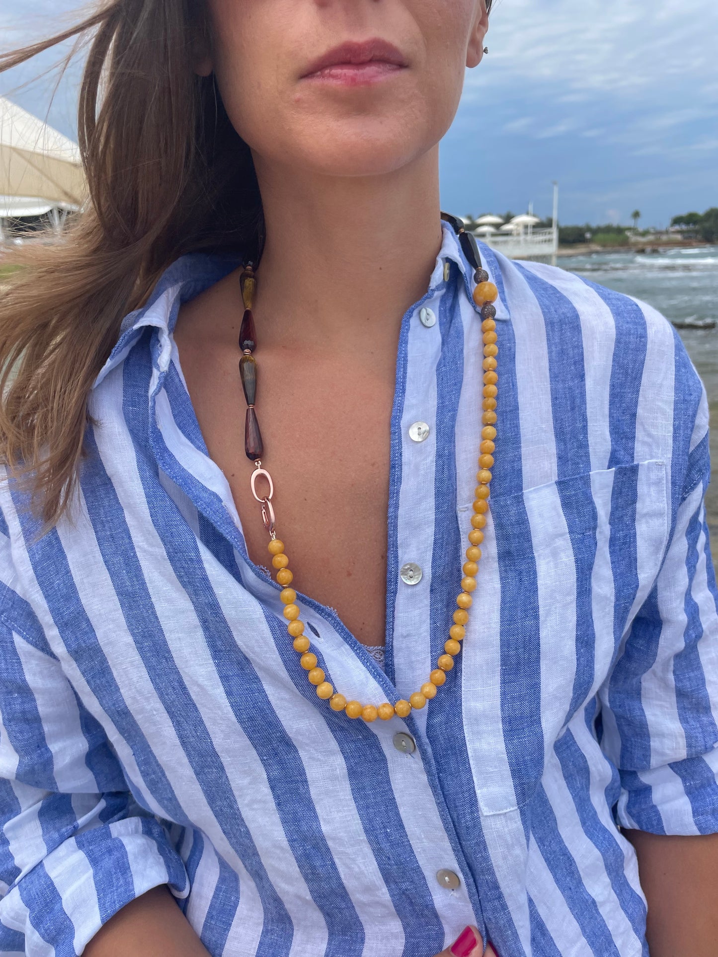 Collana giada gialla occhio di tigre marrone/giallo gocce argento sterling placcato oro giallo
