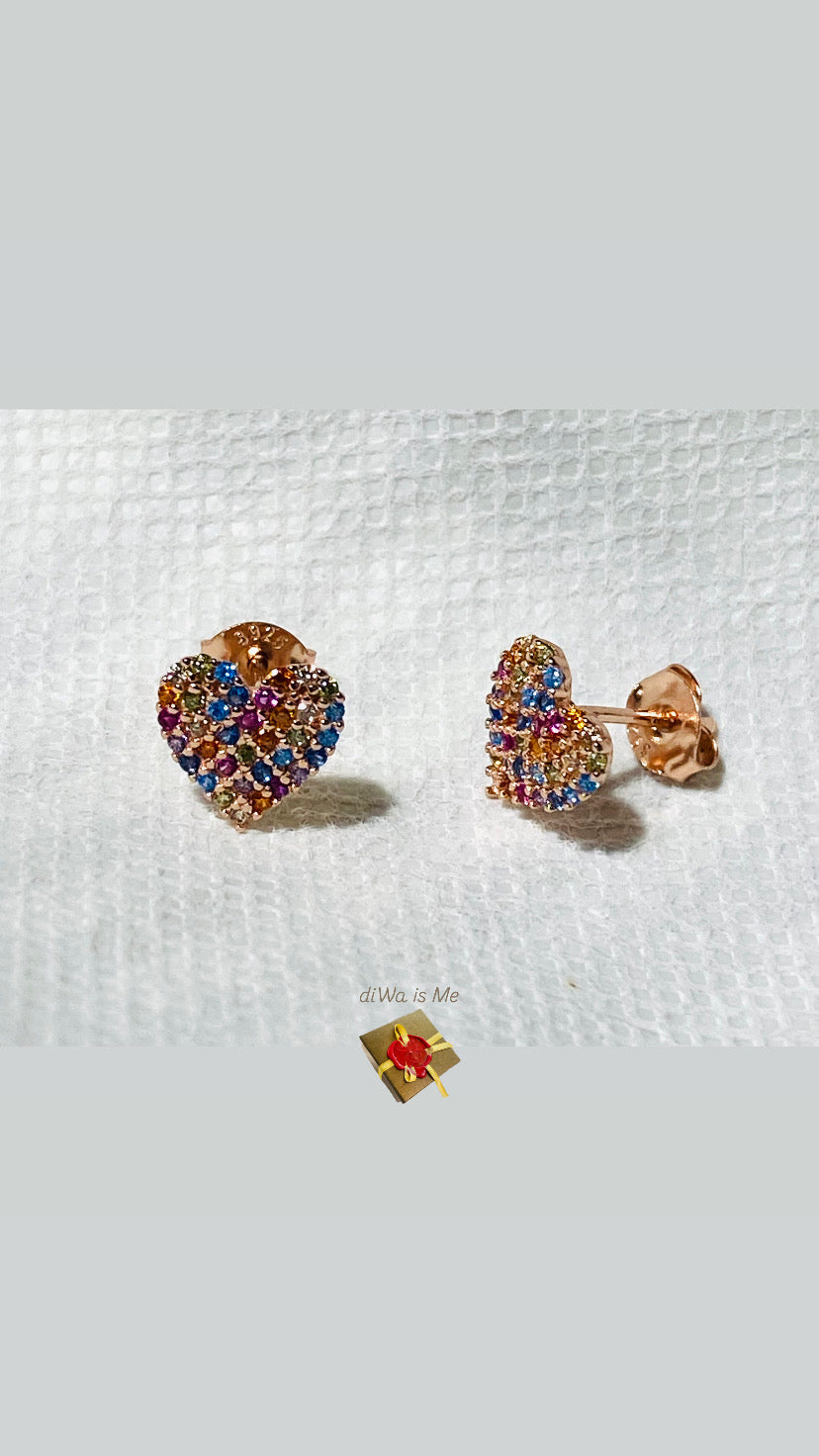 Orecchini cuore multicolore argento sterling rosé farfallina