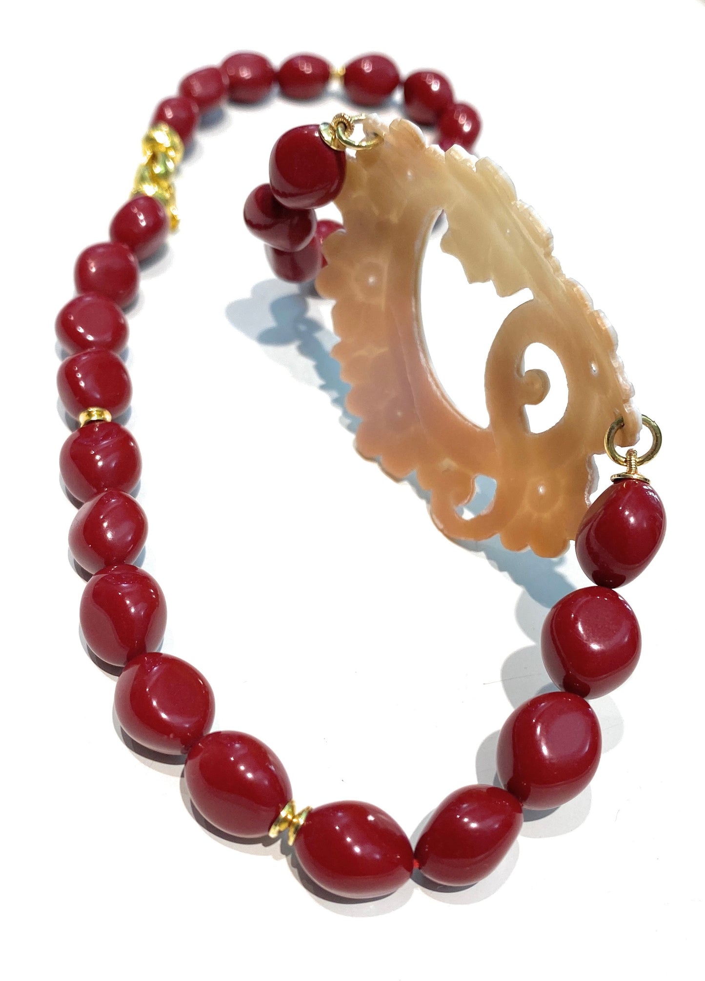 Collana diWa Jewels Pasta Corallo Rosso Sasso centrale Cameo Floreale Inciso a Mano Argento sterling placcato oro giallo