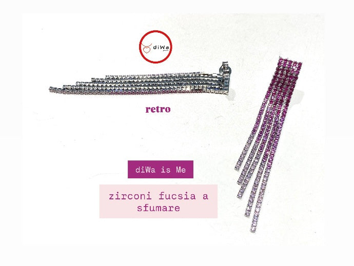 Orecchini tipo tennis 5 file degradé zirconi fucsia con sfumature rodio bianco