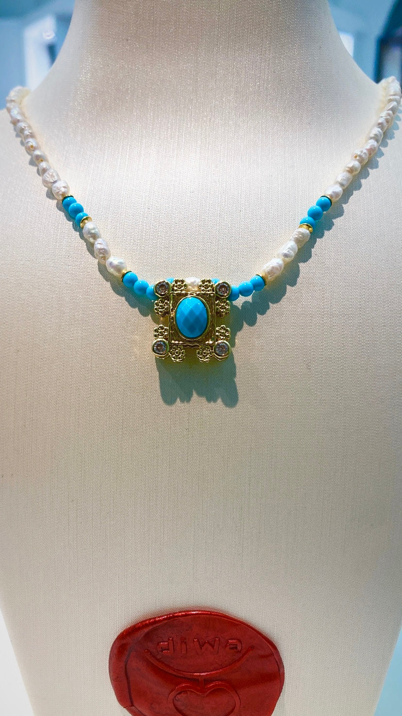 Collarino diWa Jewels tipo Choker Perle Fiume e Turchese Argento Sterling