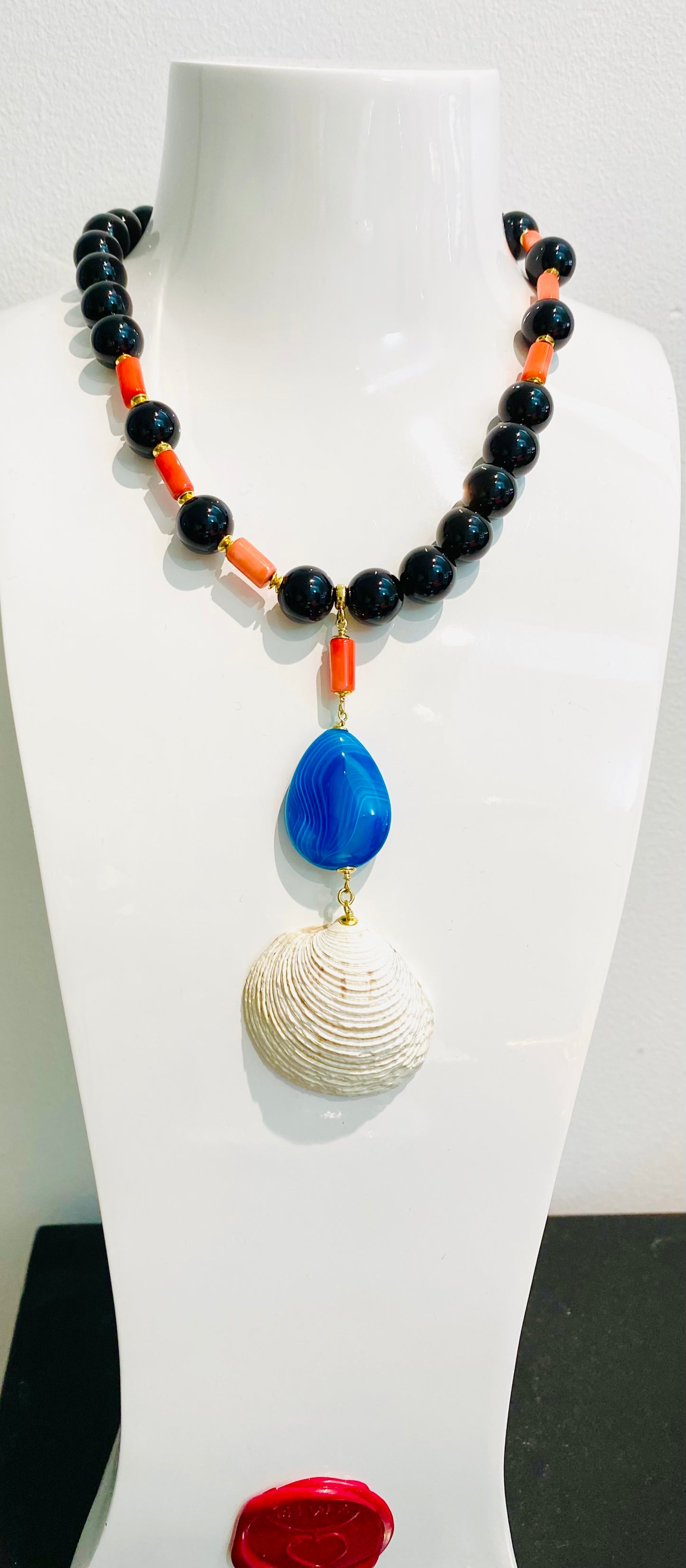Collana diWa Jewels Onice Choker con Pendente Corallo bamboo Arancio Goccia Agata Striata azzurra argento sterling placcato oro giallo