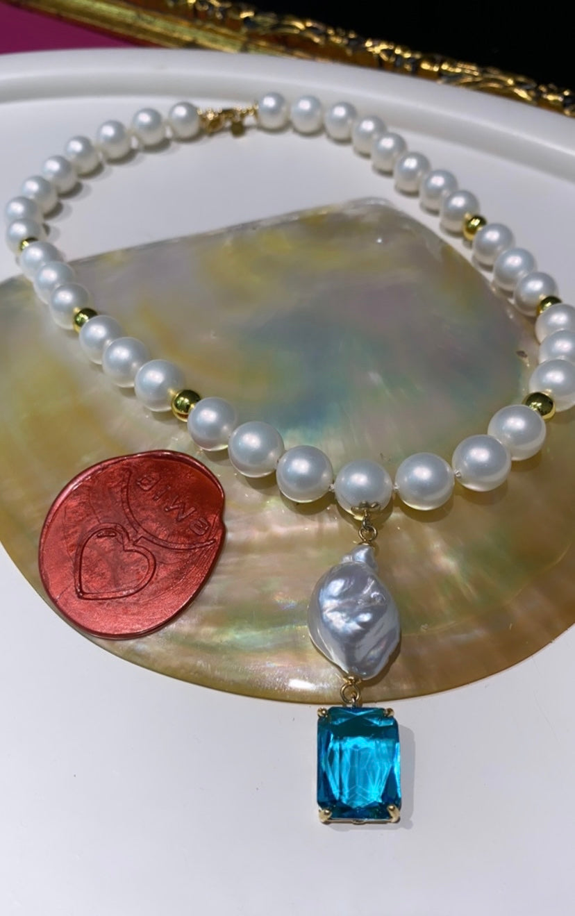Collana perle Maiorca perla fresh water cristallo azzurro argento sterling placcato oro giallo