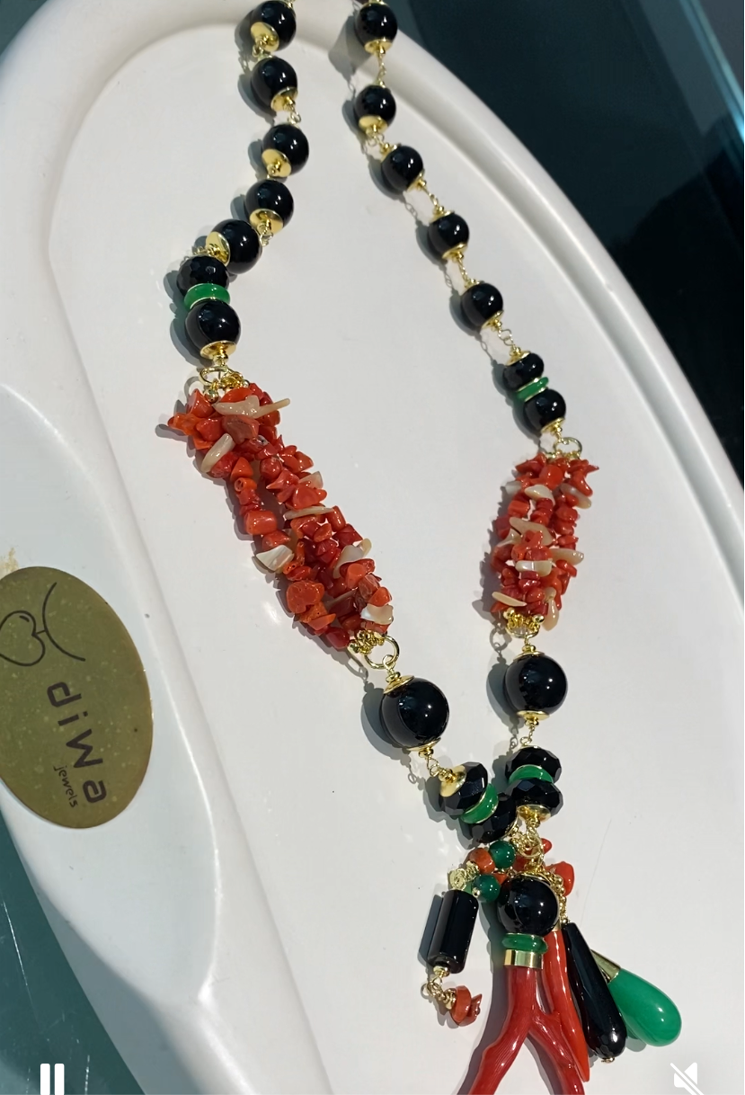 Collana agata verde corallo rosso frange onice lucido argento sterling