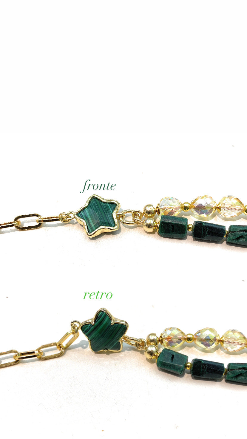 Collana malachite e stelle doppio filo con catena gold in argento sterling placcato oro giallo