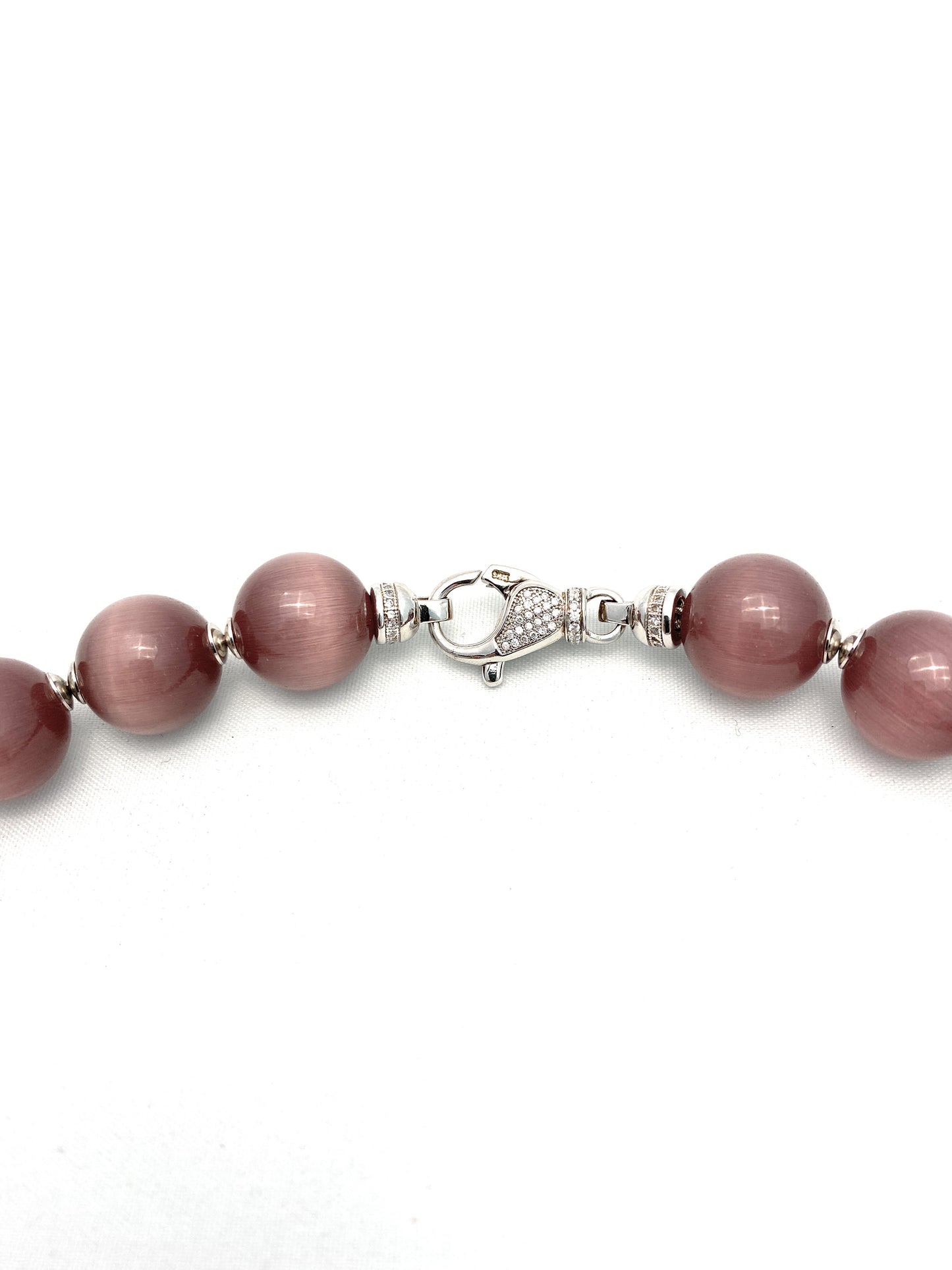 Collana occhio di gatto visone e calcedonio grezzo cilindro argento sterling