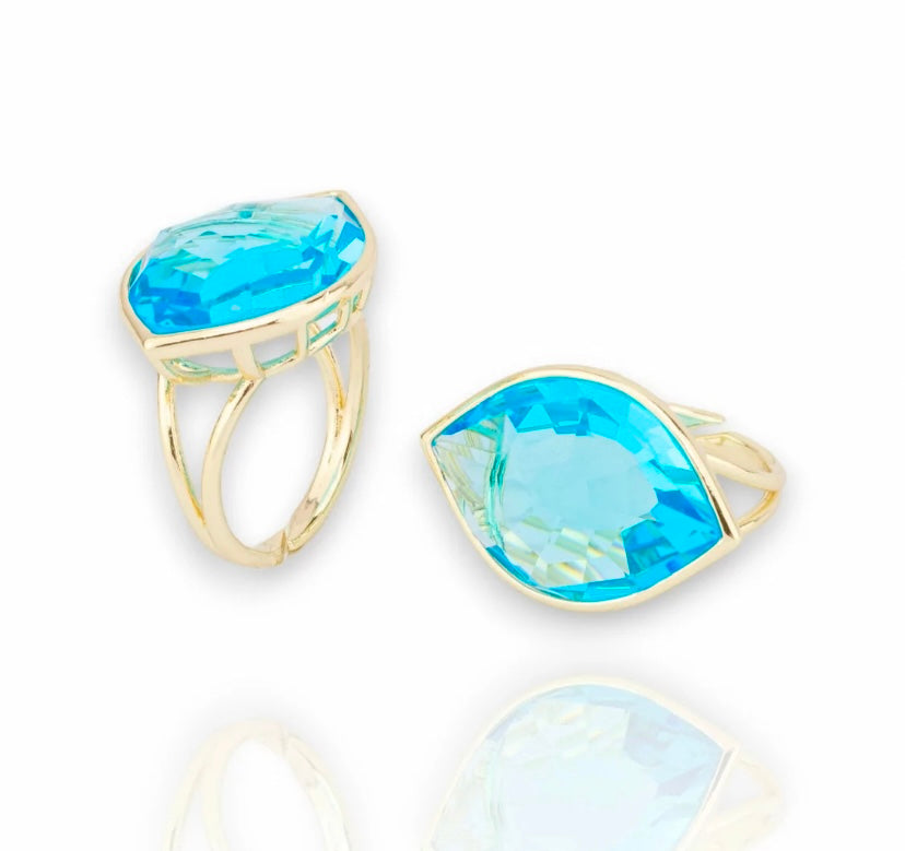 Anello fashion a goccia cristallo azzurro bronzo placcato oro giallo regolabile