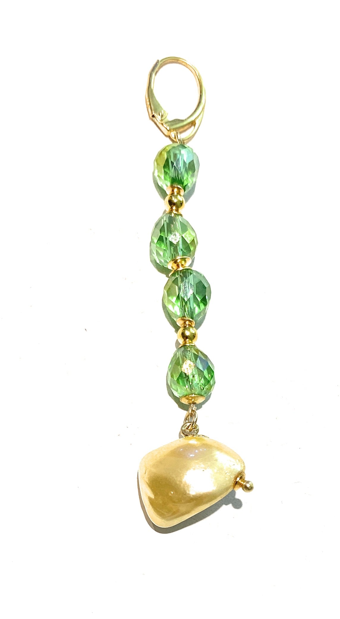 Mono orecchino perla gold e cristalli goccia verde chiusura a monachella argento sterling