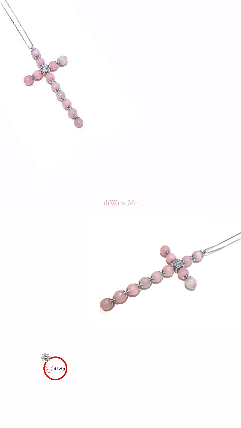 Collarino diWa Jewels crocetta stilizzata pallini agata rosa sfaccettata argento sterling rodio