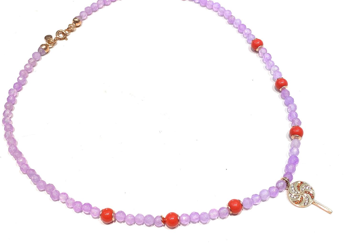 Collarino tipo choker pietre dure lilla e conchiglia arancio pendente chupa chupa argento sterling rosé zirconi colorati