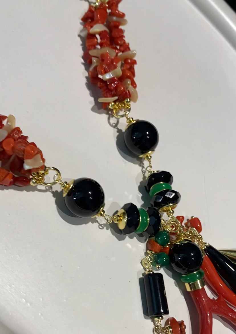 Collana agata verde corallo rosso frange onice lucido argento sterling