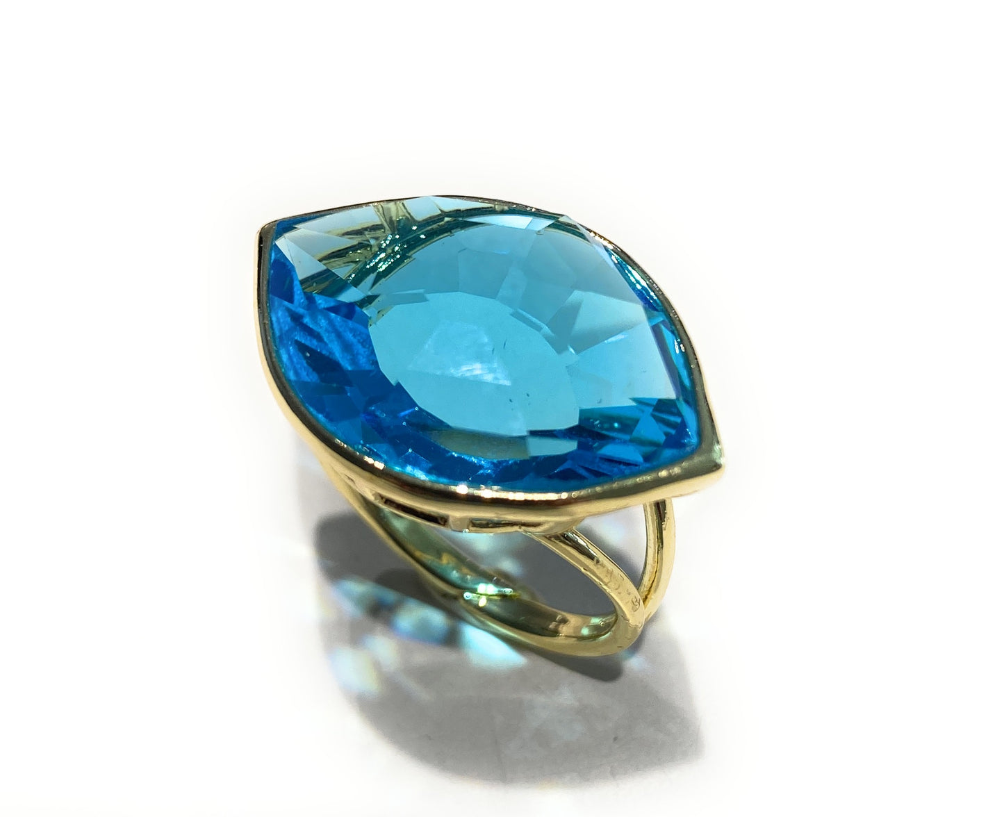 Anello fashion a goccia cristallo azzurro bronzo placcato oro giallo regolabile