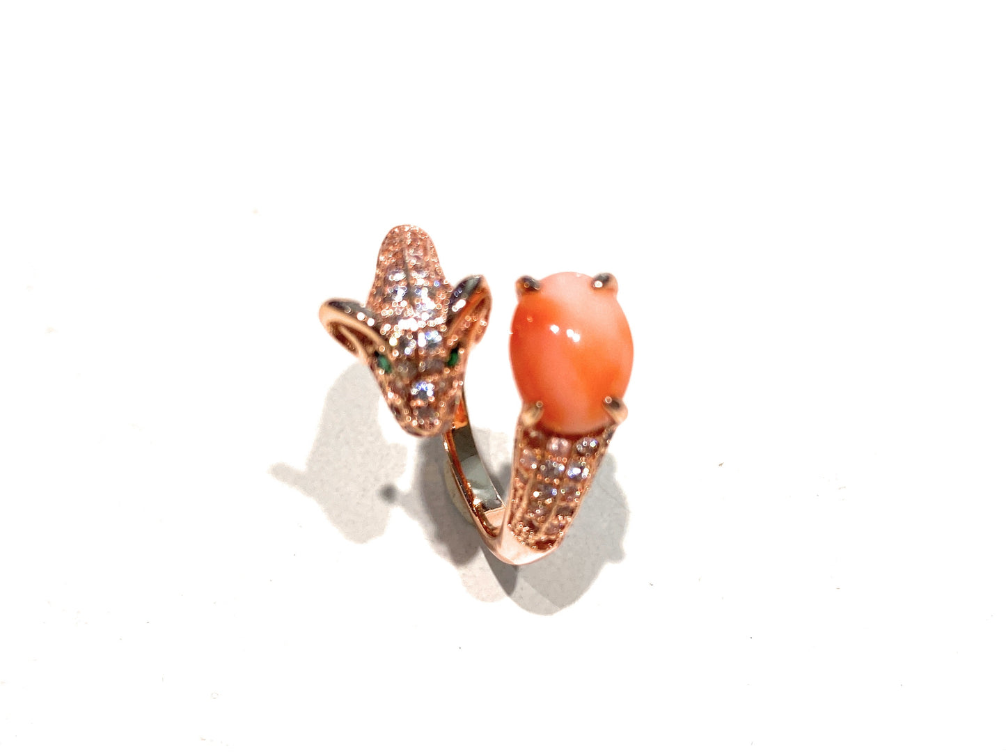 Anello serpente argento rosé zirconi e cabochon pasta corallo arancio regolabile