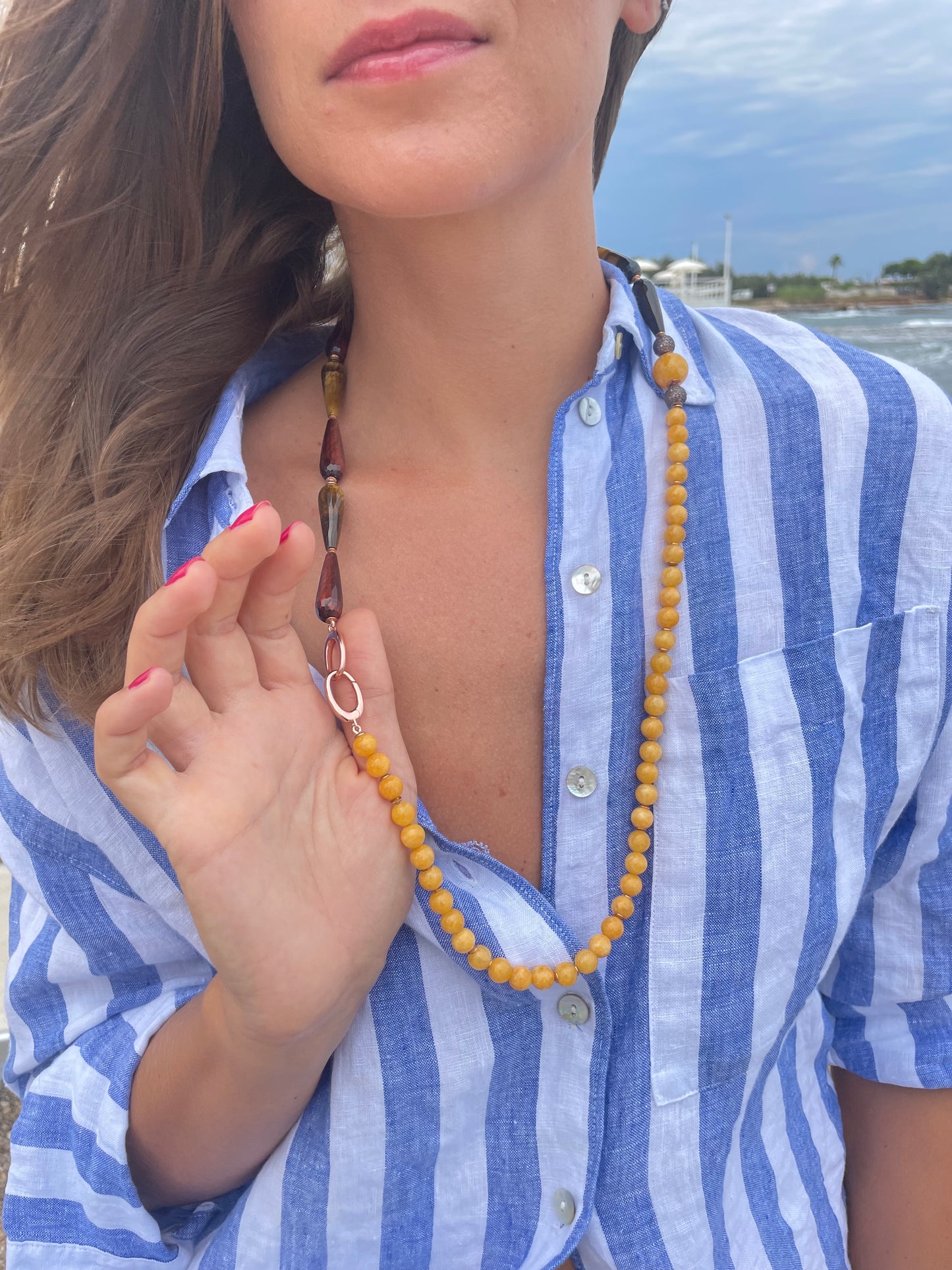 Collana giada gialla occhio di tigre marrone/giallo gocce argento sterling placcato oro giallo