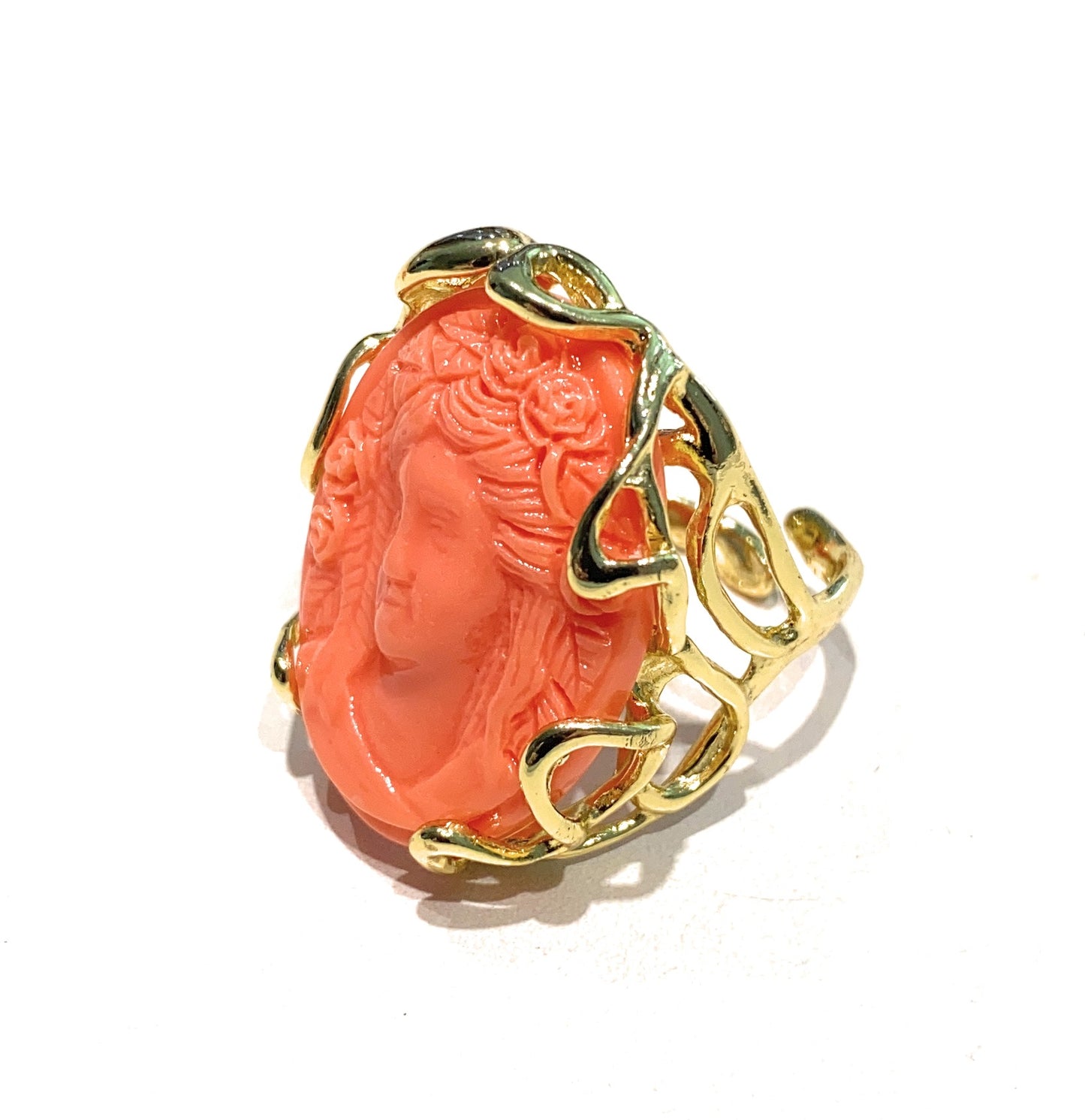 Anello diWa Jewels bronzo pasta corallo pietre dure galvanica gialla placcato oro giallo regolabile