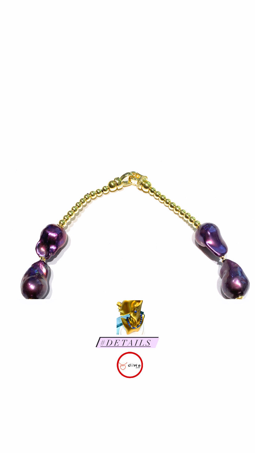 Collana perle barocche viola charms gocce cristalli azzurri perle ematite gold