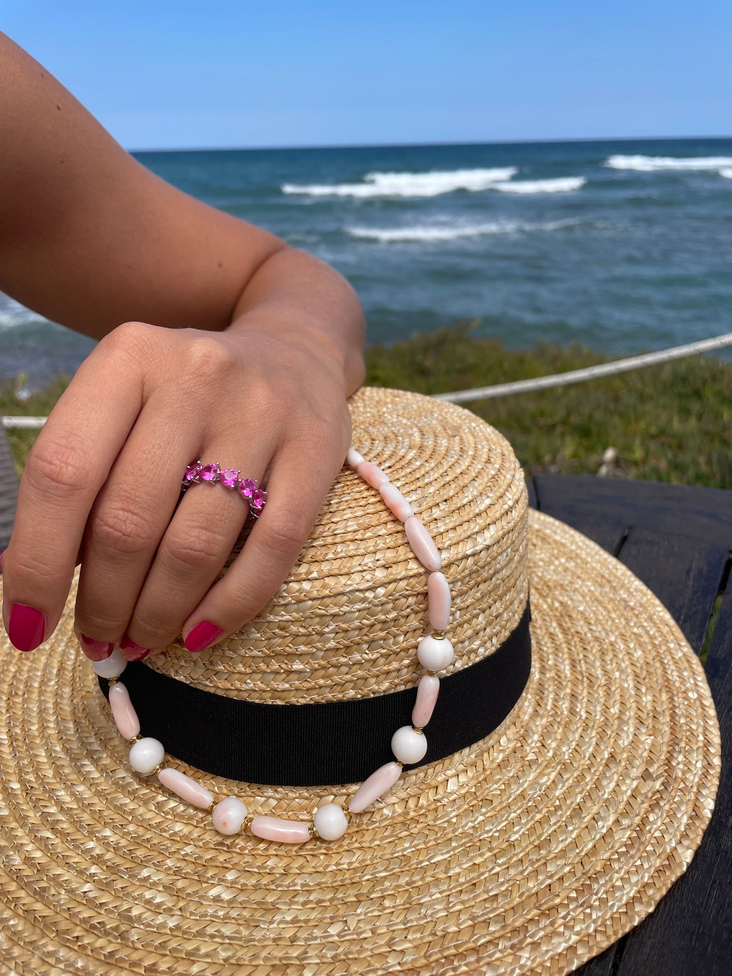 Collana corallo naturale sassi pallino tondo bianco rosato argento sterling placcato oro giallo