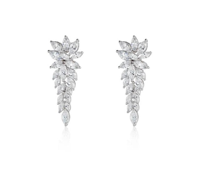 Orecchini Pendenti Donna Argento 925 Rodio Bianco con Zirconi Navette Eleganti