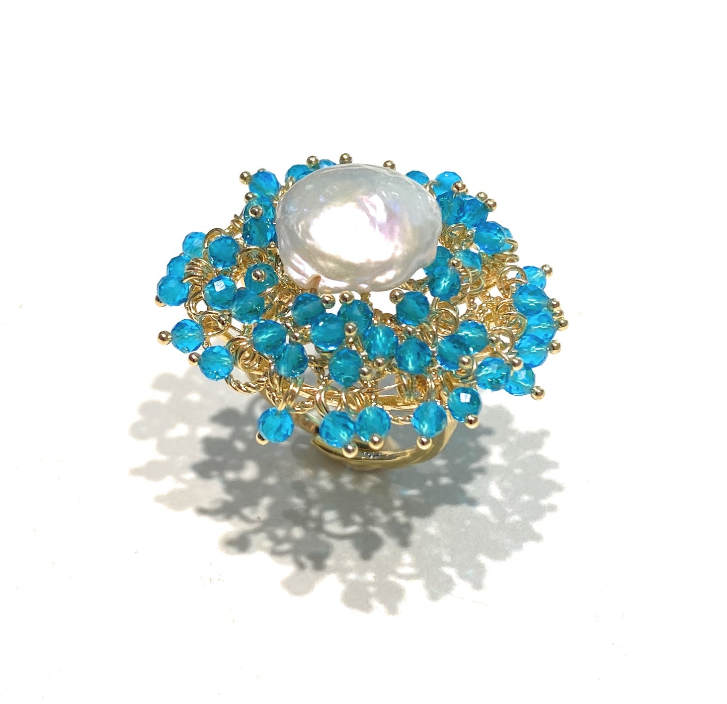 Anello Regolabile con Perla Freshwater e Pietre Azzurre Galvanica Oro