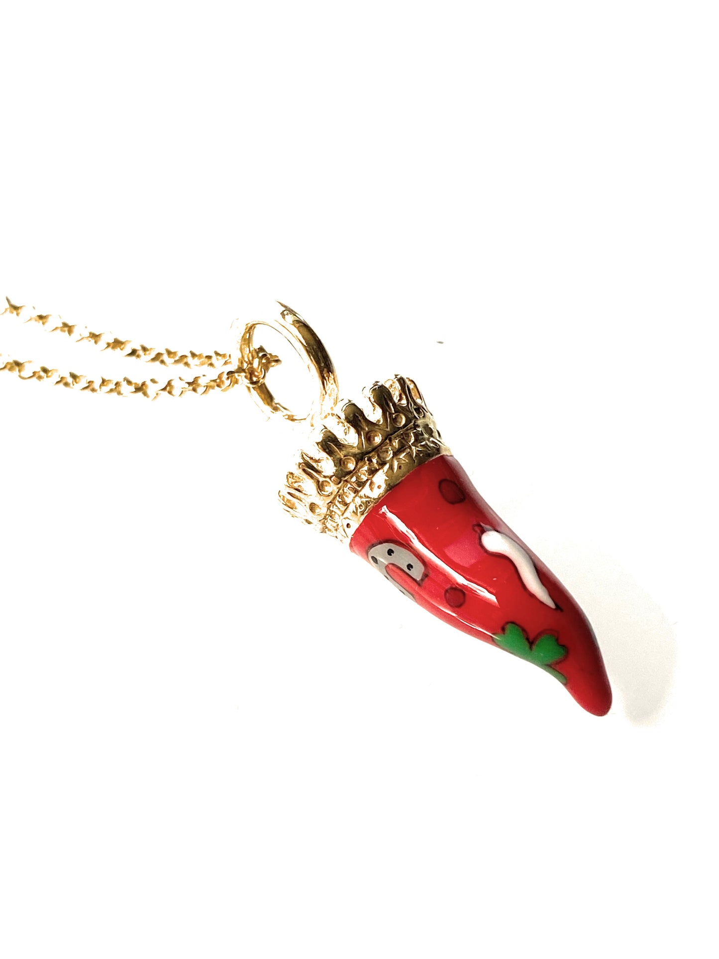 Collarino cornetto portafortuna smalto rosso argento sterling placcato oro giallo maglia rolò