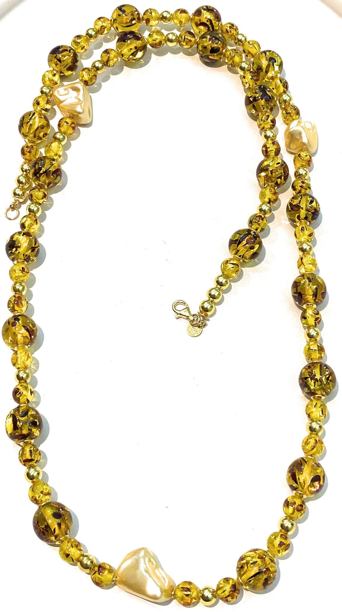 Collana lunga resina ambra ematite e perle barocche gold argento sterling