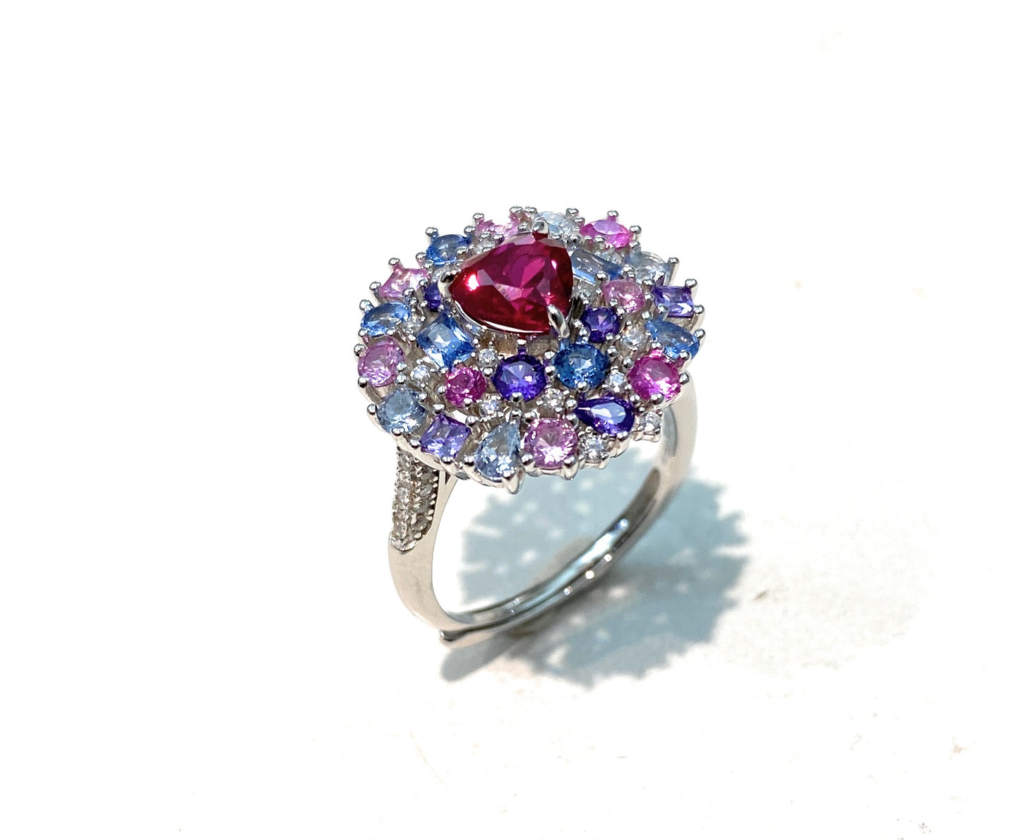 Anello Cocktail Argento 925 Rodio Bianco Cuore Zircone e Zirconi Multicolore Regolabile