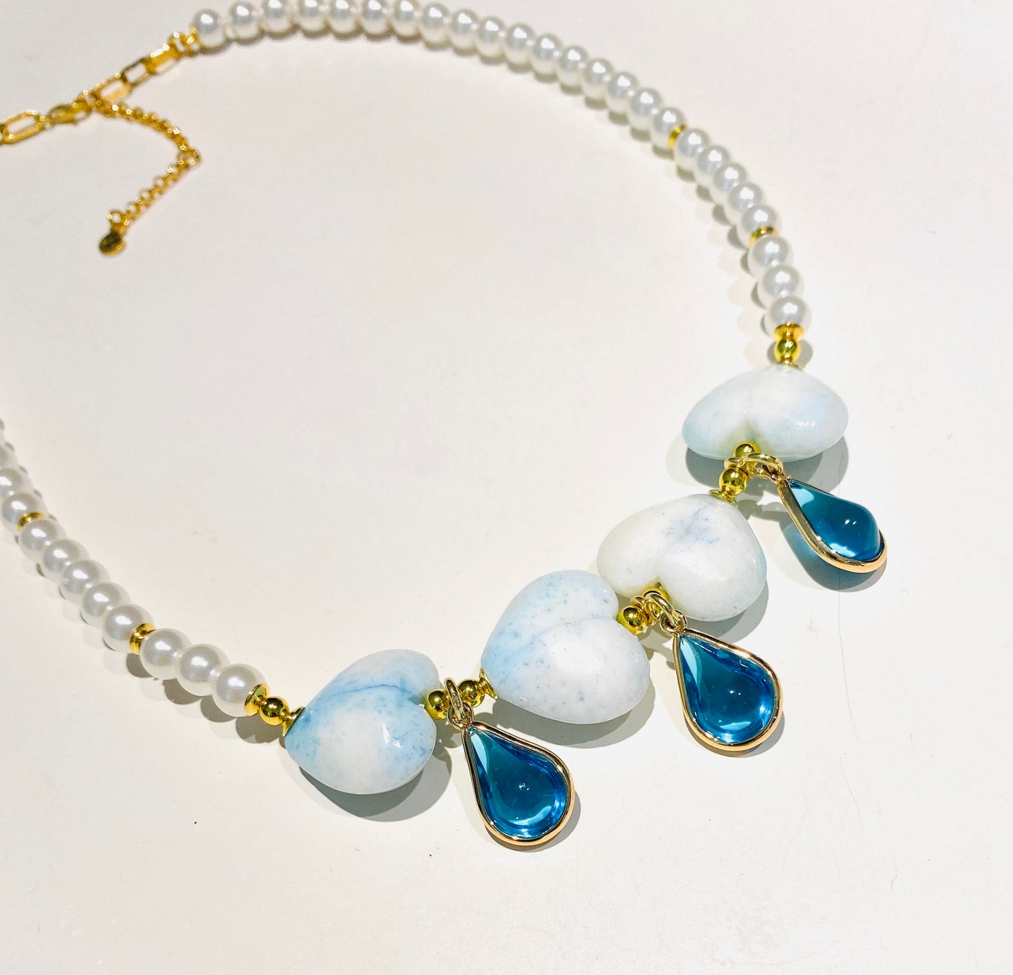 Collana choker perle centrale cuori gocce cristalli azzurri argento sterling