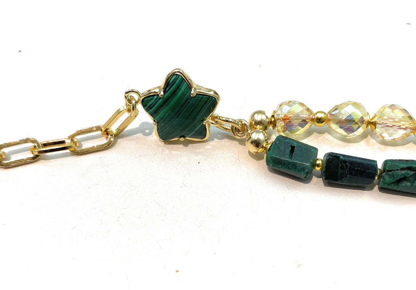 Collana malachite e stelle doppio filo con catena gold in argento sterling placcato oro giallo