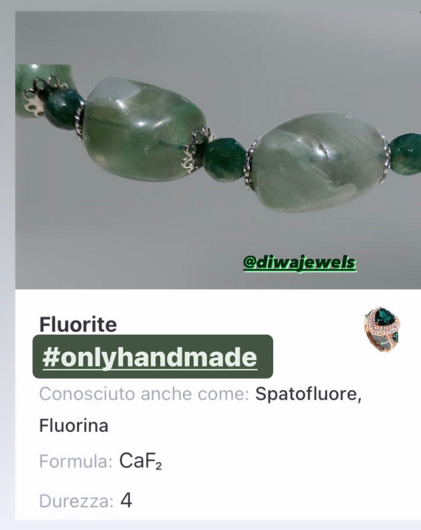 Collana diWa Jewels Fluorite Sassi Free Form Perle Barocche chiusura Fiore Argento Sterling e bronzo rodiato bianco