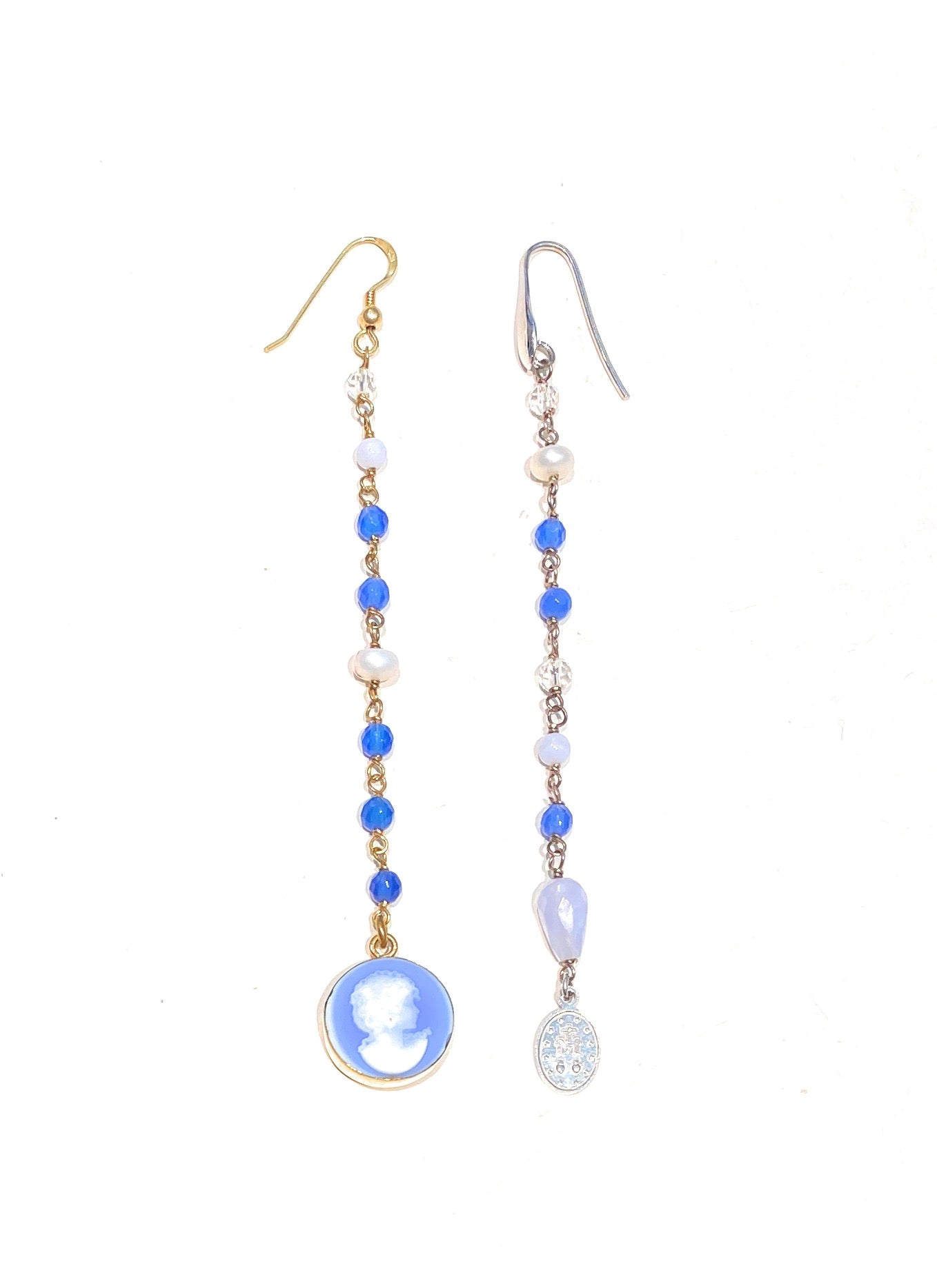 Orecchini pendenti argento sterling perle pietre dure cameo double-face Madonna Miracolosa personalizzabili