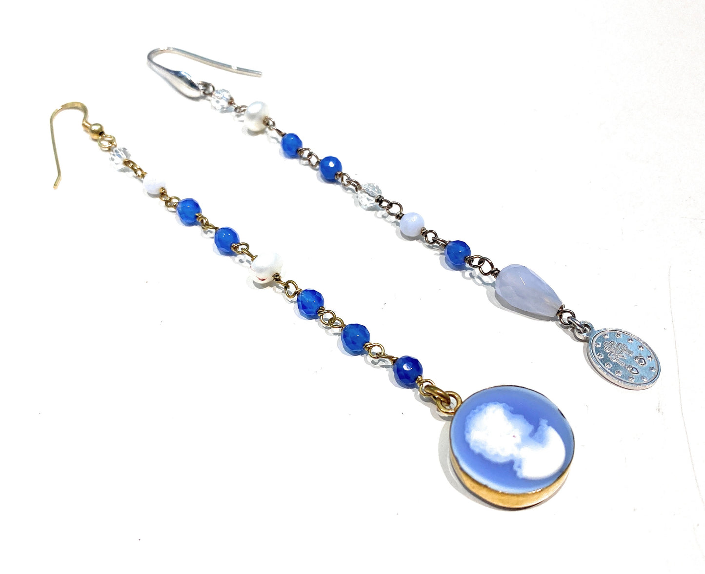 Orecchini pendenti argento sterling perle pietre dure cameo double-face Madonna Miracolosa personalizzabili