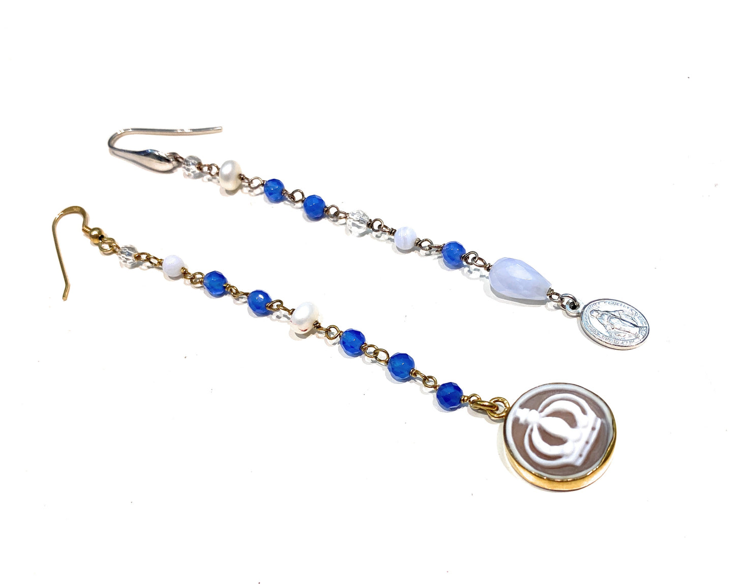 Orecchini pendenti argento sterling perle pietre dure cameo double-face Madonna Miracolosa personalizzabili