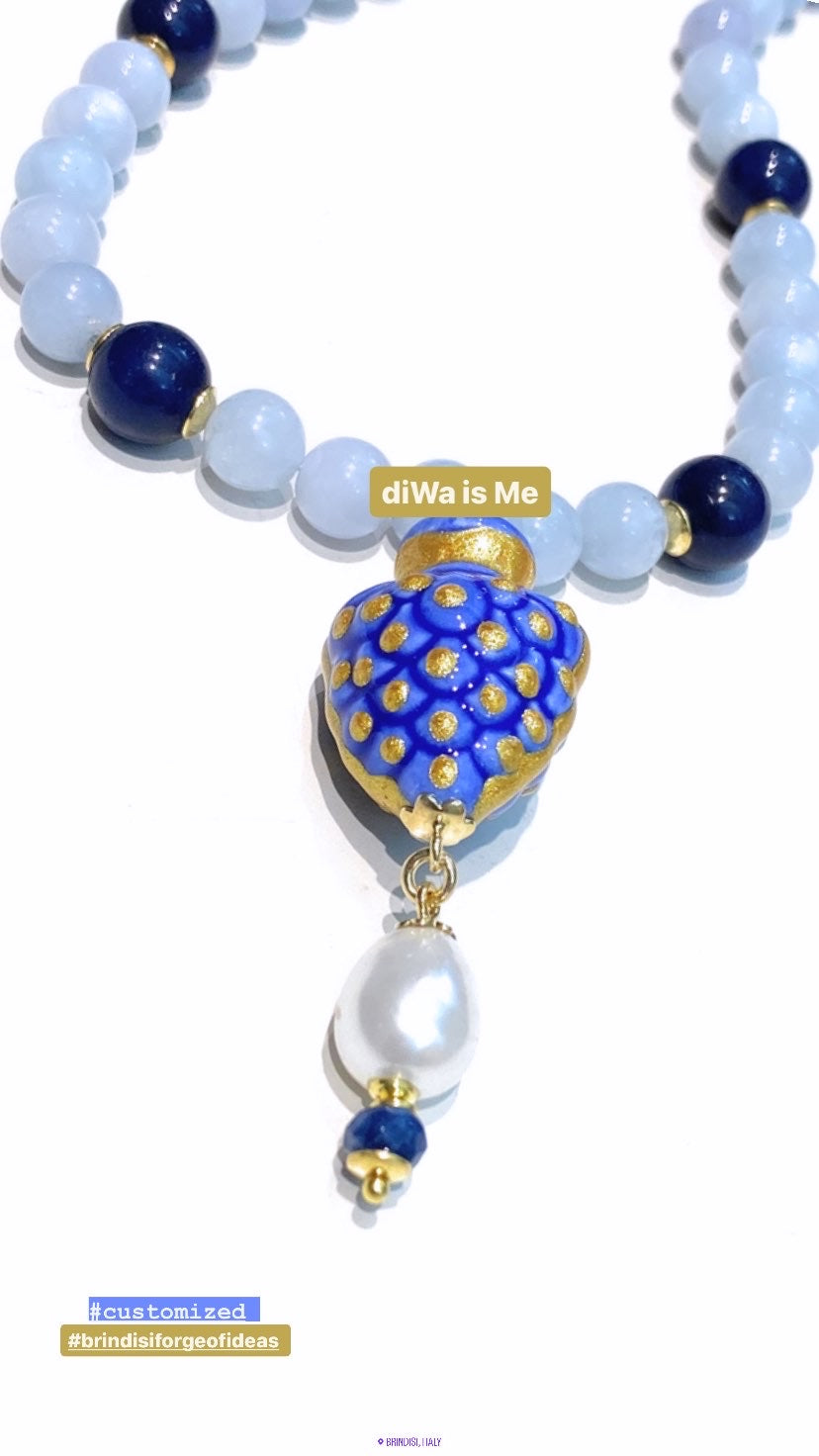 Collana Giada Acquamarina e Zaffiro in Argento Sterling Preziosa Chiusura con Zirconi Pezzo Unico