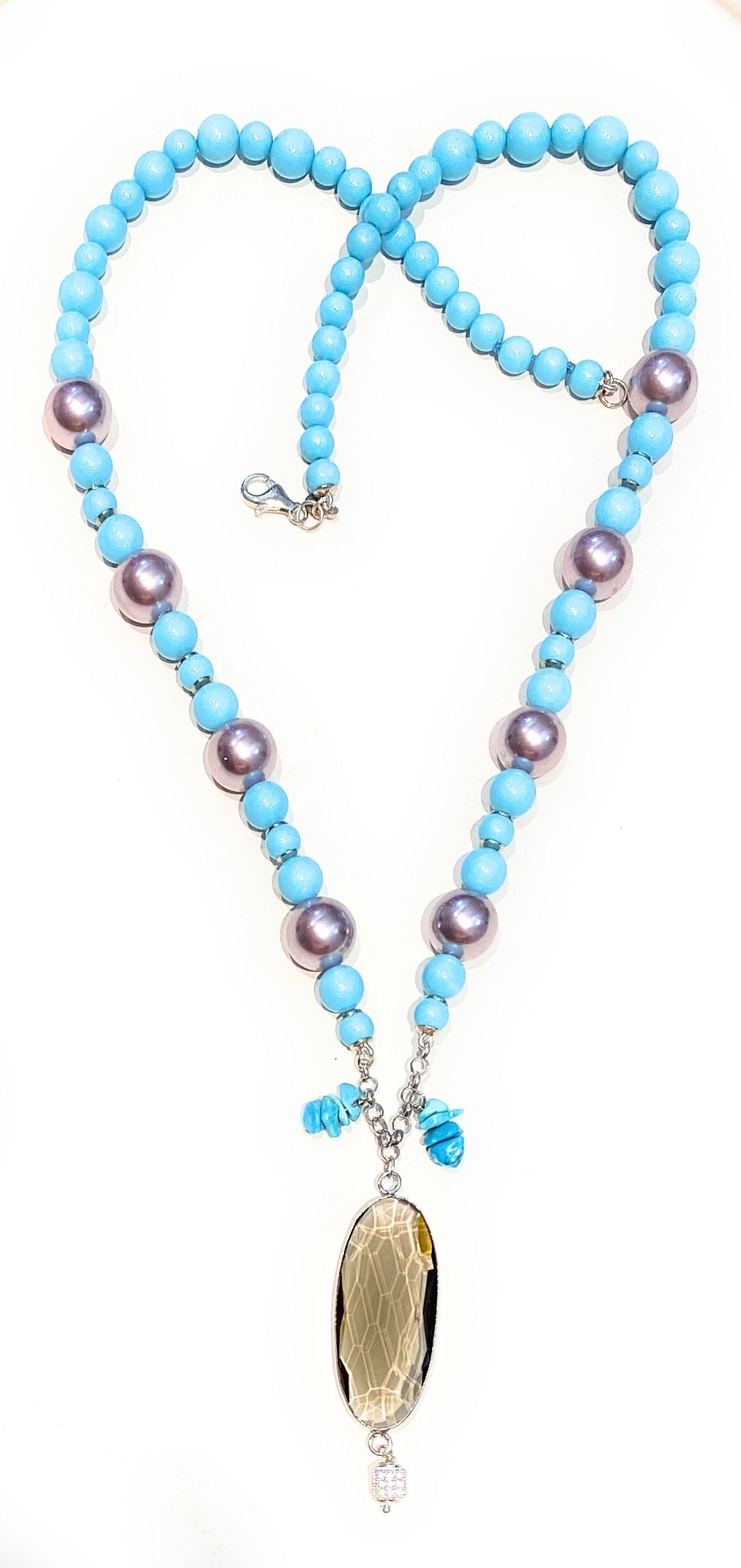 Collana argento sterling perle pasta turchese pendente argento ovale cristallo fumé rodio bianco