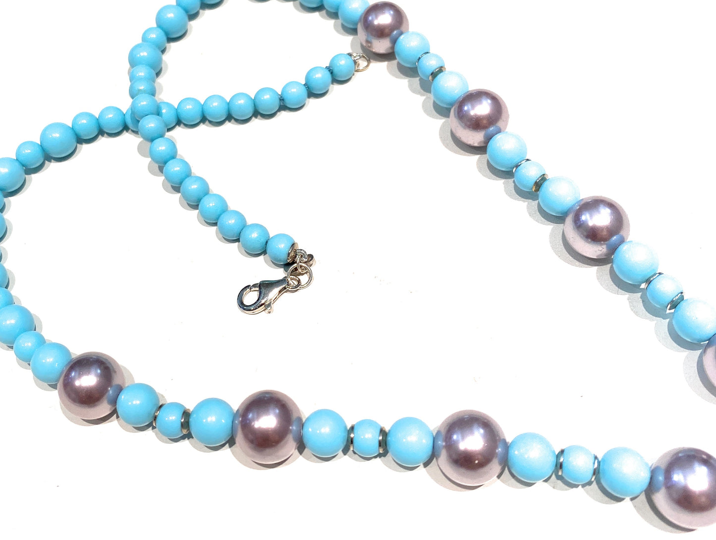 Collana argento sterling perle pasta turchese pendente argento ovale cristallo fumé rodio bianco