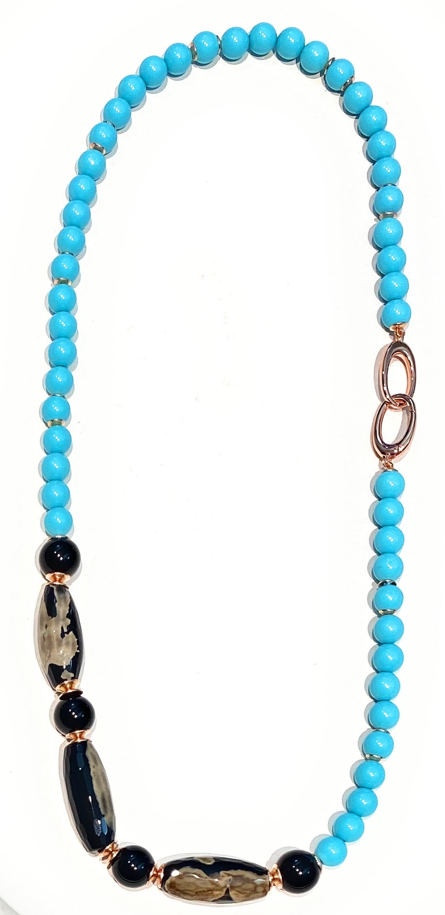 Collana turchese onice nero lucido barilotto striato nero argento sterling rosé